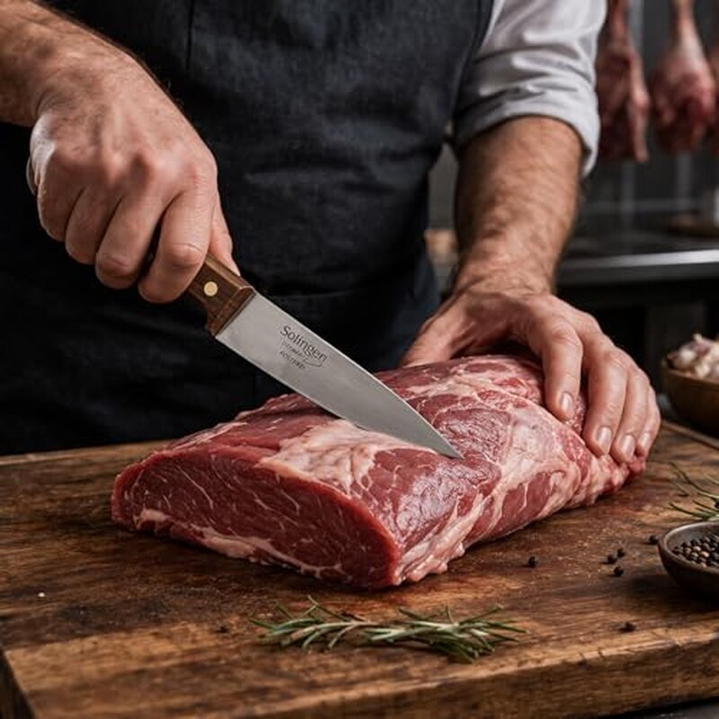Solingen Original Butcher Knife | Made in Germany | Chrome Molybdenum Vanadium Stainless Steel Blade | Wooden Handle Kitchen Meat Knife